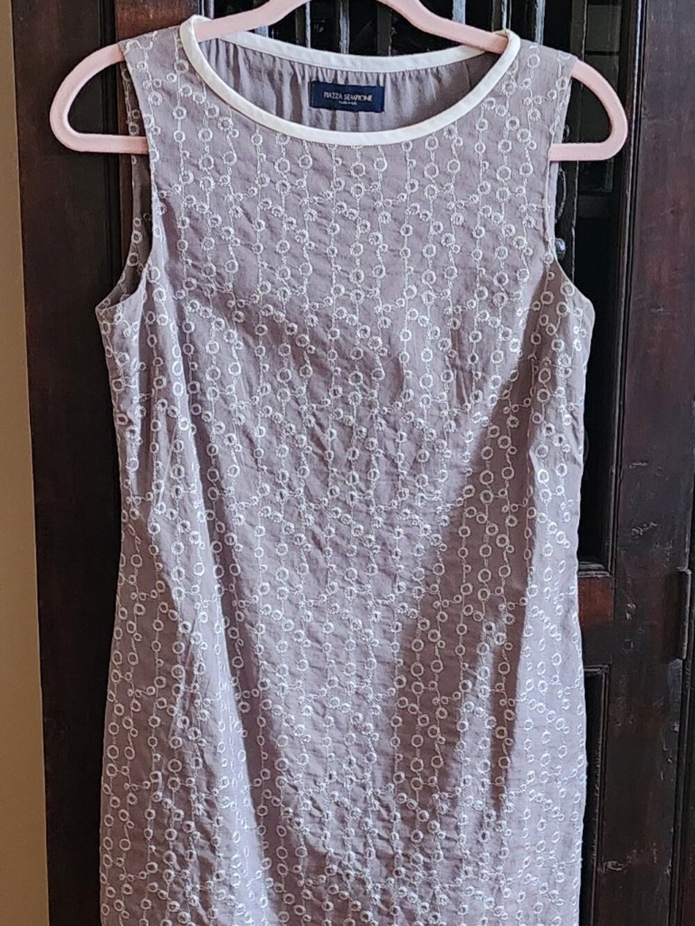 Piazza Sempione Sleeveless Shift Dress, Taupe with White Pattern, Size 6